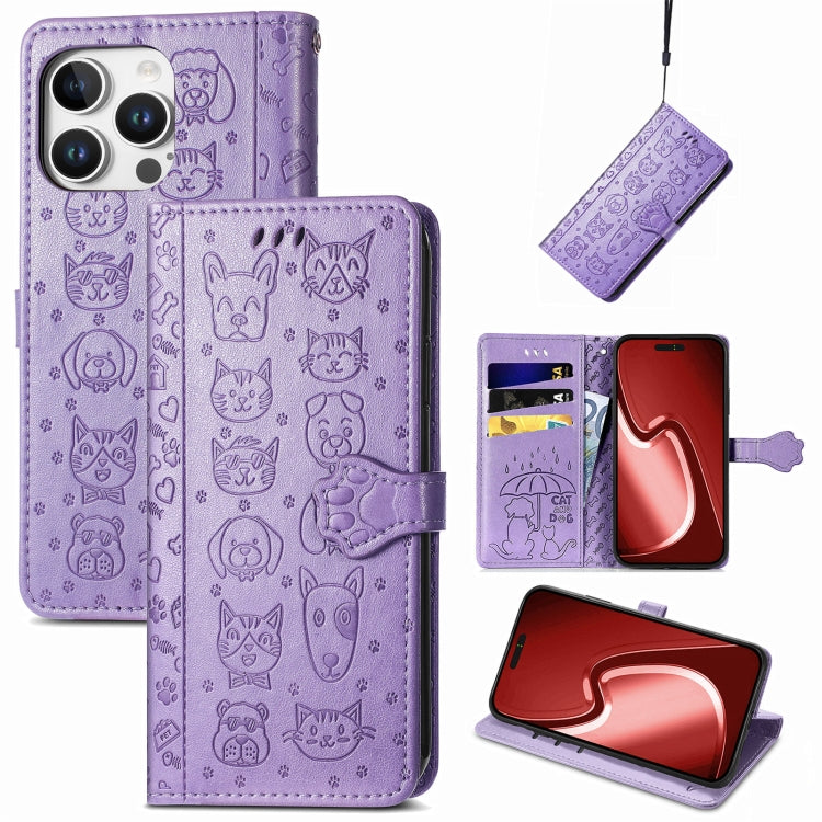 For iPhone 16 Pro Cat and Dog Embossed Leather Phone Case(Purple) - iPhone 16 Pro Cases by buy2fix | Online Shopping UK | buy2fix