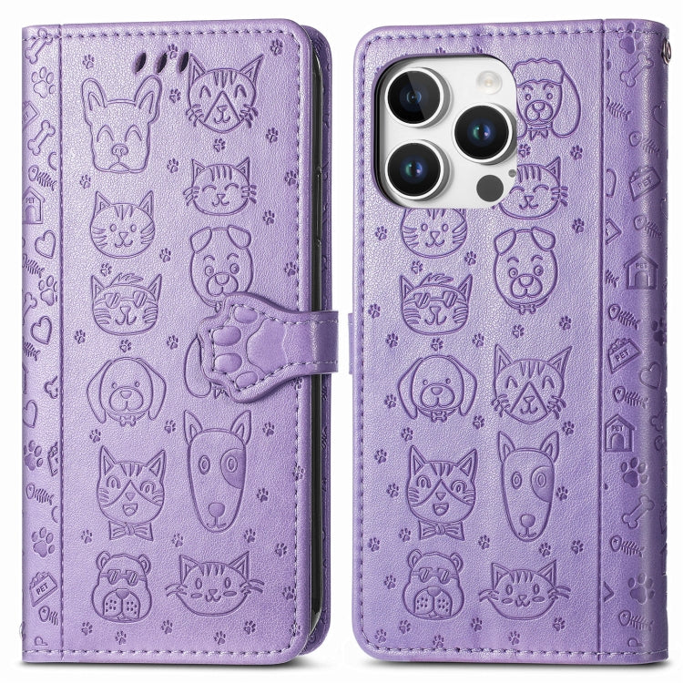 For iPhone 16 Pro Cat and Dog Embossed Leather Phone Case(Purple) - iPhone 16 Pro Cases by buy2fix | Online Shopping UK | buy2fix