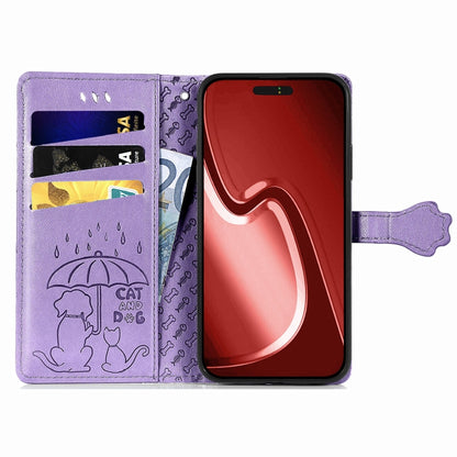 For iPhone 16 Pro Cat and Dog Embossed Leather Phone Case(Purple) - iPhone 16 Pro Cases by buy2fix | Online Shopping UK | buy2fix