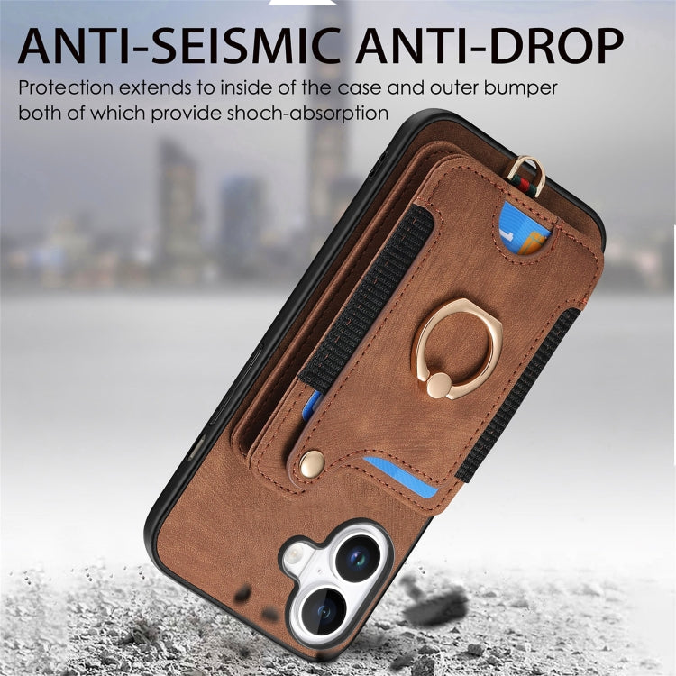 For iPhone 16 Retro Skin-feel Ring Multi-card Wallet Phone Case(Brown) - iPhone 16 Cases by buy2fix | Online Shopping UK | buy2fix