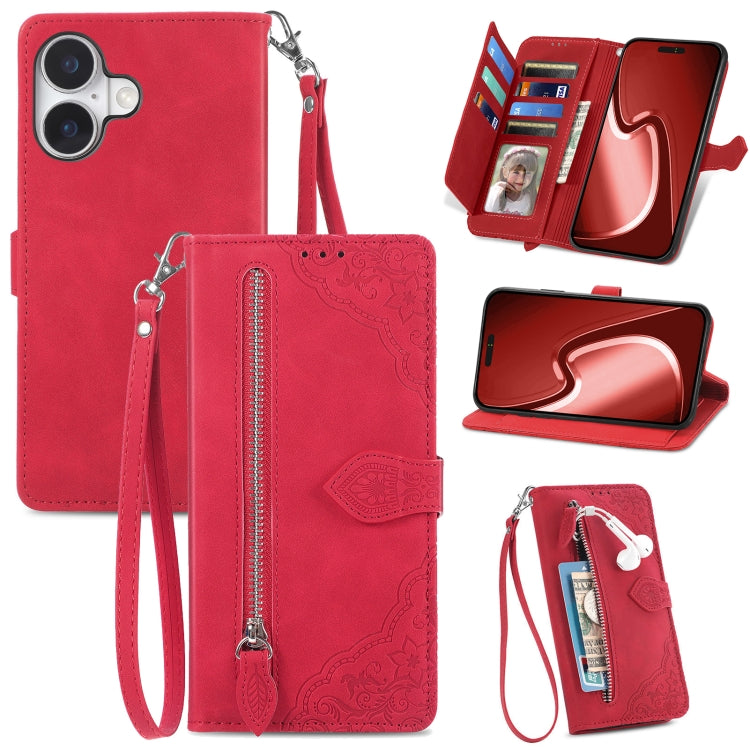 For iPhone 16 Embossed Flower Zipper Leather Phone Case(Red) - iPhone 16 Cases by buy2fix | Online Shopping UK | buy2fix