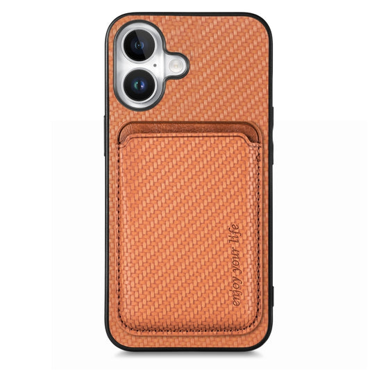 For iPhone 16 Plus Carbon Fiber Leather Card Magsafe Phone Case(Brown) - iPhone 16 Plus Cases by buy2fix | Online Shopping UK | buy2fix