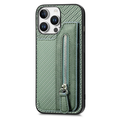 For iPhone 16 Pro Carbon Fiber Horizontal Flip Zipper Wallet Phone Case(Green) - iPhone 16 Pro Cases by buy2fix | Online Shopping UK | buy2fix