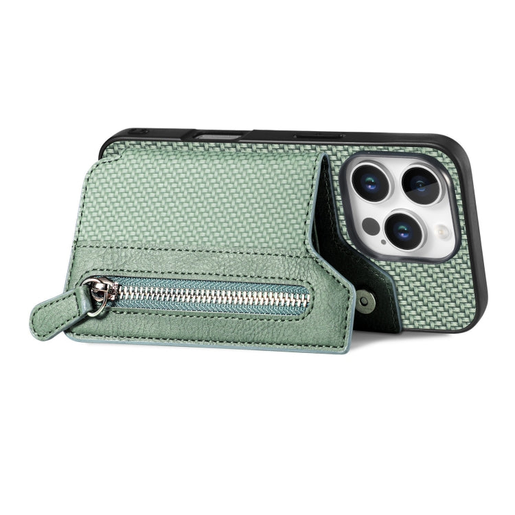 For iPhone 16 Pro Carbon Fiber Horizontal Flip Zipper Wallet Phone Case(Green) - iPhone 16 Pro Cases by buy2fix | Online Shopping UK | buy2fix