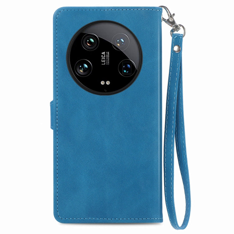 For Xiaomi  14 Ultra Embossed Flower Zipper Leather Phone Case(Blue) - 14 Ultra Cases by buy2fix | Online Shopping UK | buy2fix