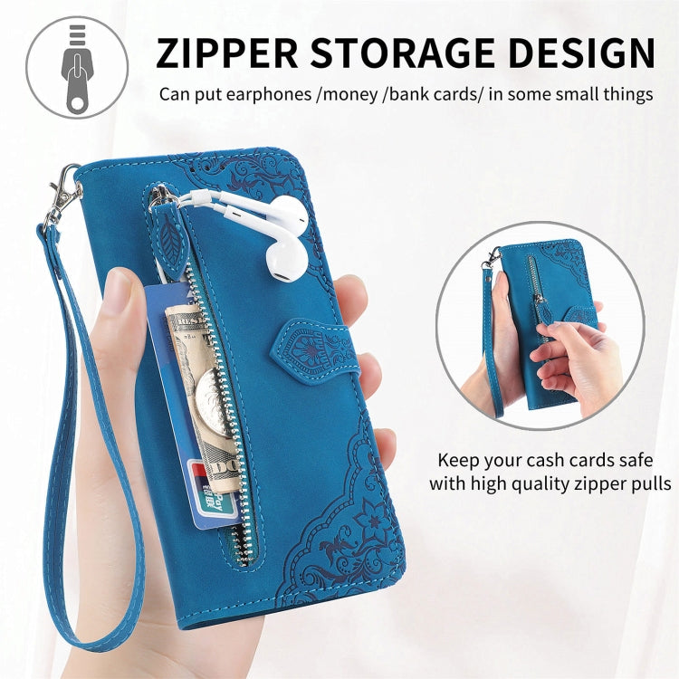 For Xiaomi  14 Ultra Embossed Flower Zipper Leather Phone Case(Blue) - 14 Ultra Cases by buy2fix | Online Shopping UK | buy2fix