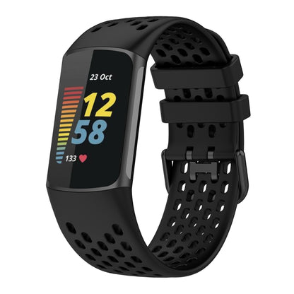 For Fitbit Charge 5 Solid Color Breathable Sports Silicone Watch Band(Black) - Watch Bands by buy2fix | Online Shopping UK | buy2fix