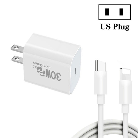 Single Port PD30W USB-C / Type-C Charger with Type-C to 8 Pin Data Cable US Plug - USB Charger by buy2fix | Online Shopping UK | buy2fix