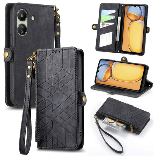 For Xiaomi Redmi 13C Geometric Zipper Wallet Side Buckle Leather Phone Case(Black) - 13C Cases by buy2fix | Online Shopping UK | buy2fix