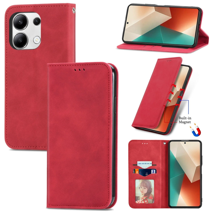 For Xiaomi Redmi Note 13 4G Retro Skin Feel Magnetic Flip Leather Phone Case(Red) - Note 13 Cases by buy2fix | Online Shopping UK | buy2fix