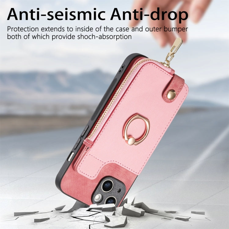 For iPhone 16 Plus Cross Leather Ring Vertical Zipper Wallet Back Phone Case(Pink) - iPhone 16 Plus Cases by buy2fix | Online Shopping UK | buy2fix