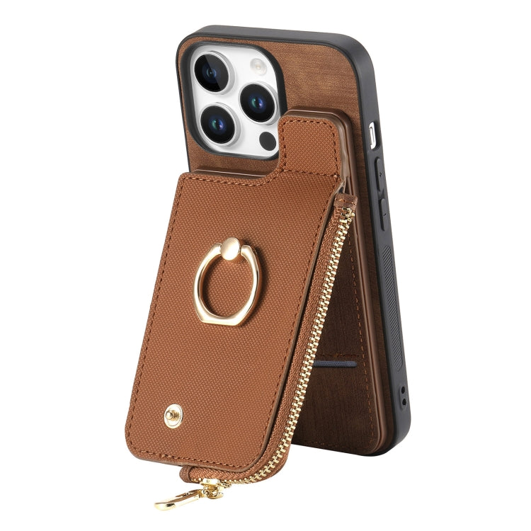 For iPhone 16 Pro Max Cross Leather Ring Vertical Zipper Wallet Back Phone Case(Brown) - More iPhone Cases by buy2fix | Online Shopping UK | buy2fix