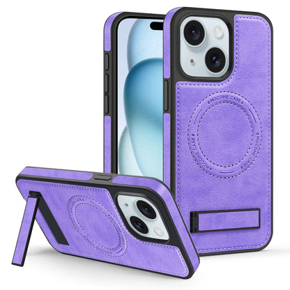 For iPhone 15 Multi-function Holder MagSafe PU Phone Case(Purple) - iPhone 15 Cases by buy2fix | Online Shopping UK | buy2fix