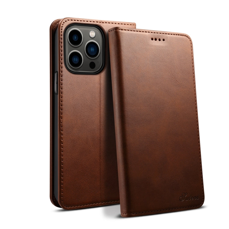 For iPhone 15 Pro Max Suteni Calf Texture Horizontal Flip Leather Phone Case(Brown) - iPhone 15 Pro Max Cases by Suteni | Online Shopping UK | buy2fix