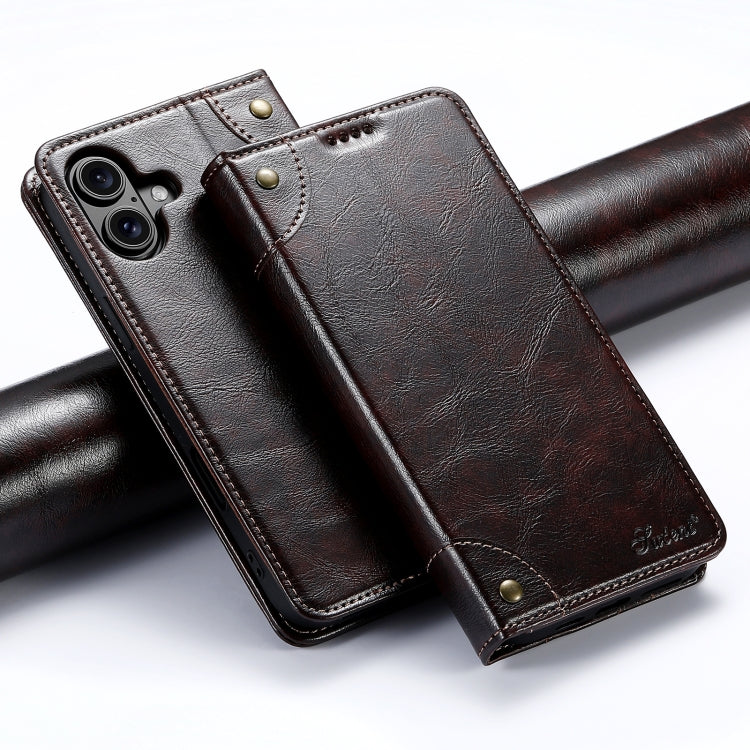 For iPhone 16 Suteni Baroque Calf Texture Buckle Wallet Leather Phone Case(Brown) - iPhone 16 Cases by Suteni | Online Shopping UK | buy2fix