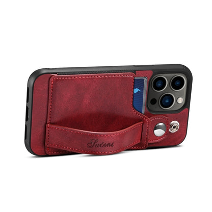 For iPhone 15 Pro Max SUTENI H12 Wrist Strap Leather Back Phone Case with Card Slot(Red) - iPhone 15 Pro Max Cases by Suteni | Online Shopping UK | buy2fix