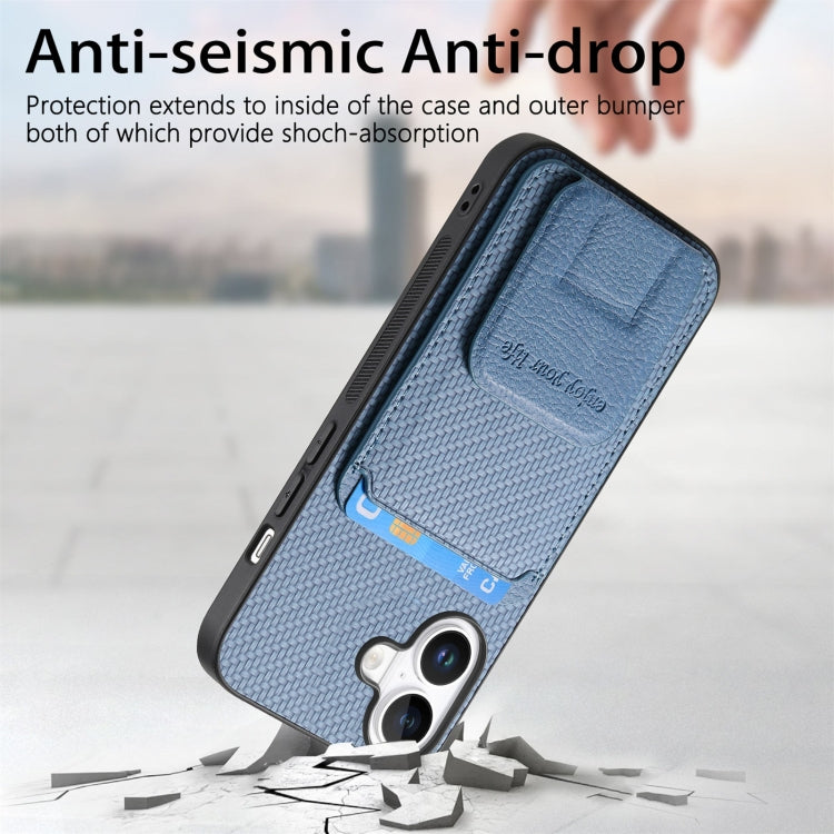 For iPhone 16 Plus Carbon Fiber Card Bag Fold Stand Phone Case(Blue) - iPhone 16 Plus Cases by buy2fix | Online Shopping UK | buy2fix