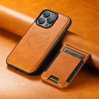 For iPhone 14 Suteni H17 Oil Eax Leather MagSafe Detachable Wallet Phone Case(Khaki) - iPhone 14 Cases by Suteni | Online Shopping UK | buy2fix