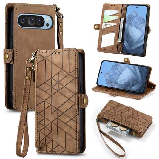 For Google Pixel 9 Geometric Zipper Wallet Side Buckle Leather Phone Case(Brown) - Google Cases by buy2fix | Online Shopping UK | buy2fix