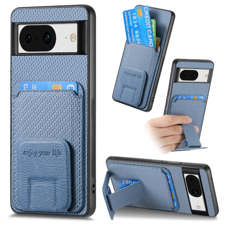 For Google Pixel 6 Carbon Fiber Card Bag Fold Stand Phone Case(Blue) - Google Cases by buy2fix | Online Shopping UK | buy2fix