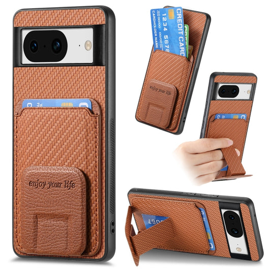 For Google Pixel 7a Carbon Fiber Card Bag Fold Stand Phone Case(Brown) - Google Cases by buy2fix | Online Shopping UK | buy2fix