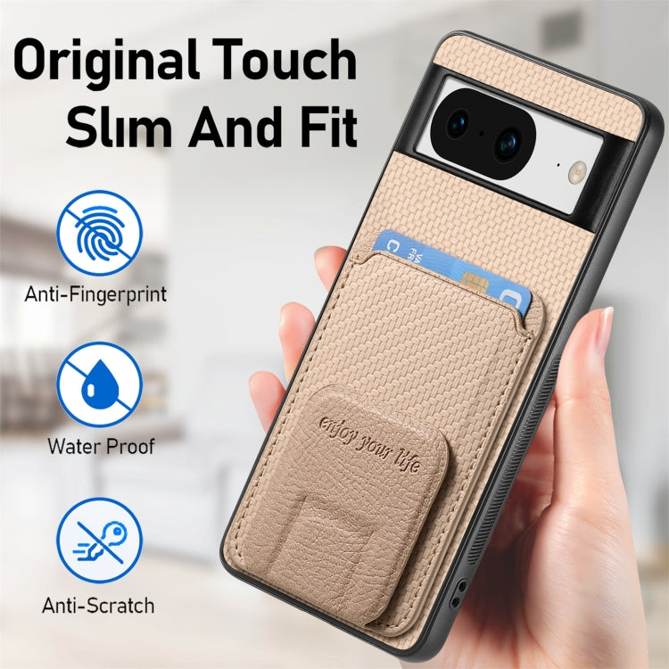 For Google Pixel 8 Pro Carbon Fiber Card Bag Fold Stand Phone Case(Khaki) - Google Cases by buy2fix | Online Shopping UK | buy2fix