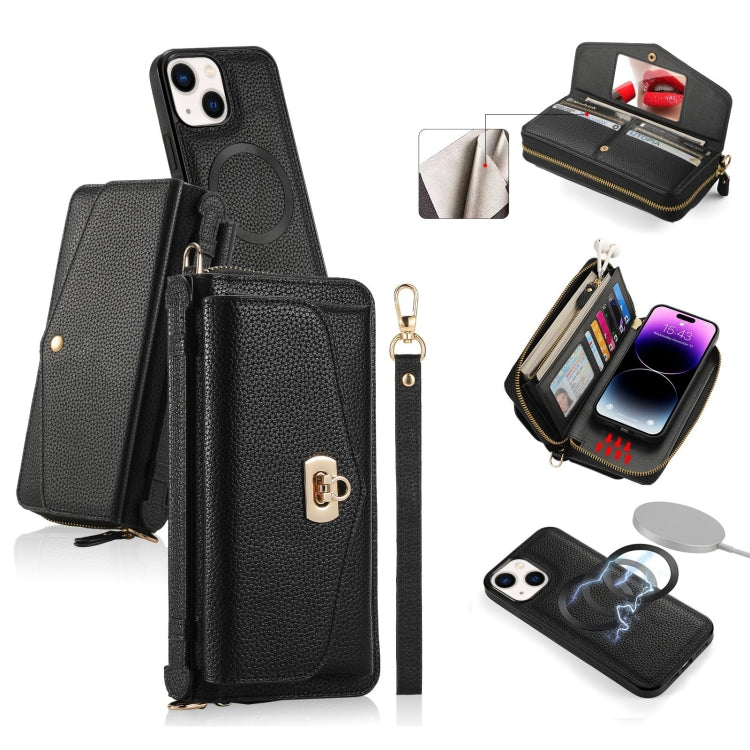For iPhone 14 Plus MagSafe Crossbody Multi-functional Zipper Wallet Litchi Leather Phone Case(Black) - iPhone 14 Plus Cases by buy2fix | Online Shopping UK | buy2fix