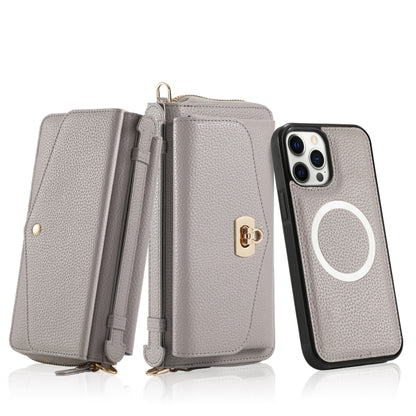 For iPhone 12 Pro Max MagSafe Crossbody Multi-functional Zipper Wallet Litchi Leather Phone Case(Grey) - iPhone 12 Pro Max Cases by buy2fix | Online Shopping UK | buy2fix