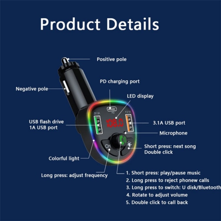 P24 1 Type-C + 2 USB Car Charger Car Bluetooth Music Player Voltage Detection - Bluetooth Car Kits by buy2fix | Online Shopping UK | buy2fix