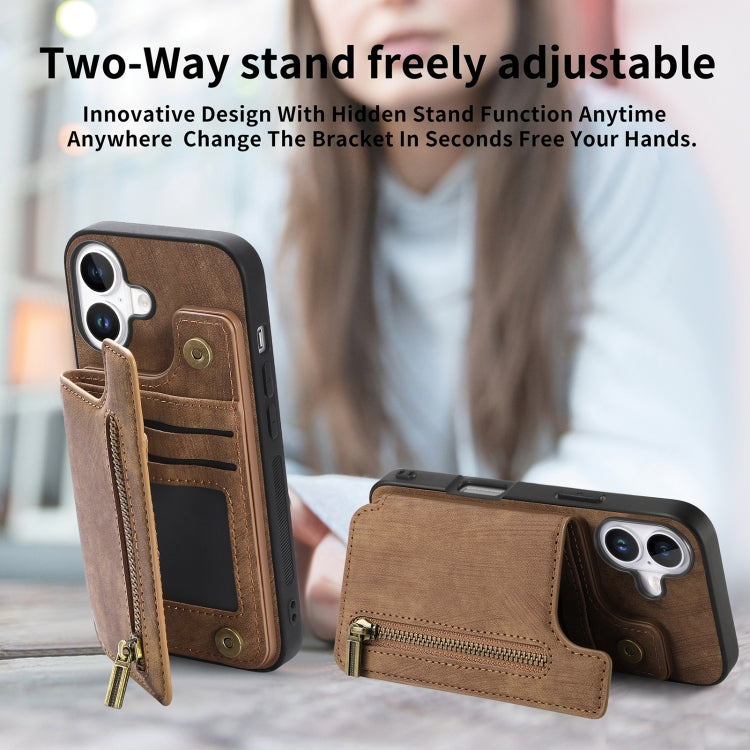 For iPhone 16 Retro Leather Zipper Wallet Back Phone Case(Brown) - More iPhone Cases by buy2fix | Online Shopping UK | buy2fix