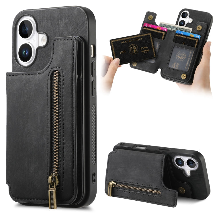 For iPhone 16 Retro Leather Zipper Wallet Back Phone Case(Black) - More iPhone Cases by buy2fix | Online Shopping UK | buy2fix