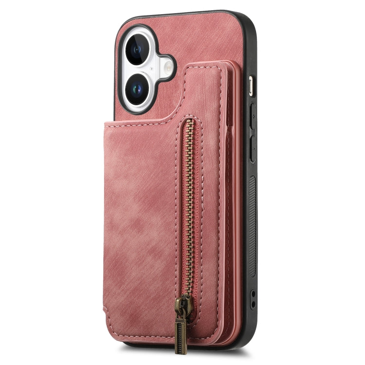 For iPhone 16 Plus Retro Leather Zipper Wallet Back Phone Case(Pink) - More iPhone Cases by buy2fix | Online Shopping UK | buy2fix