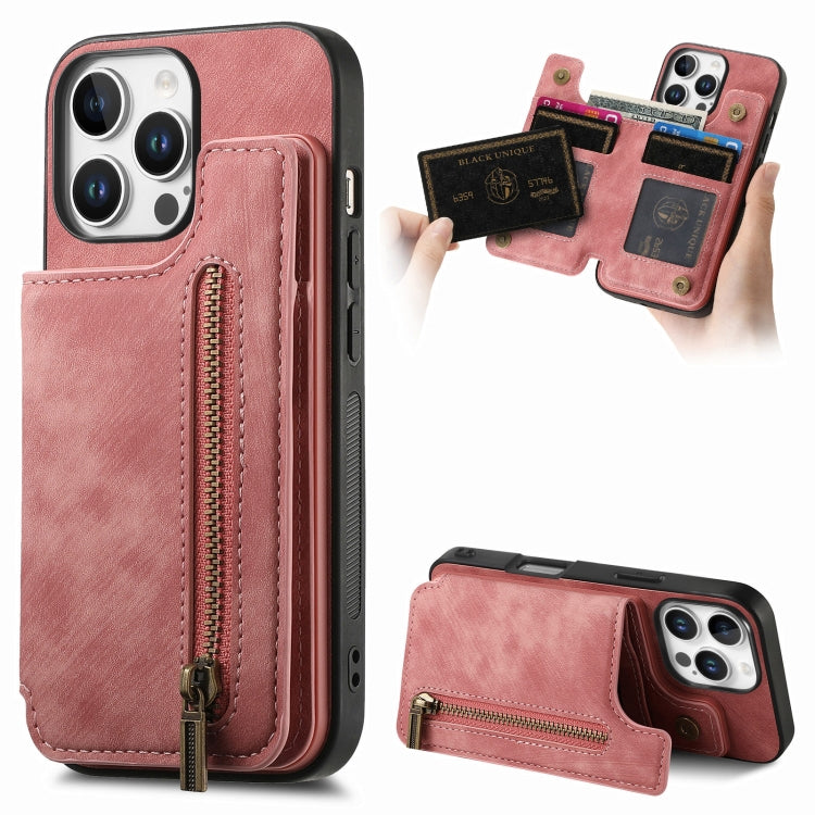 For iPhone 16 Pro Retro Leather Zipper Wallet Back Phone Case(Pink) - More iPhone Cases by buy2fix | Online Shopping UK | buy2fix