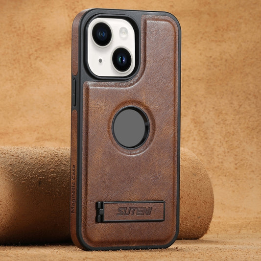 For iPhone 14 Plus Suteni G2 Magsafe Oil Wax Leather Back Phone Case with Holder(Brown) - iPhone 14 Plus Cases by Suteni | Online Shopping UK | buy2fix