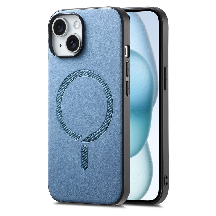 For iPhone 15 Plus Solid Color Retro Magsafe PU Back Cover Phone Case(Blue) - iPhone 15 Plus Cases by buy2fix | Online Shopping UK | buy2fix