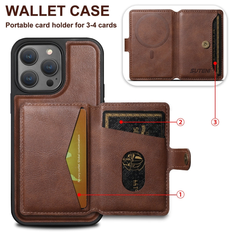 For iPhone 15 Pro Max Suteni M1 Oil Wax MagSafe Detachable Horizontal Card Bag Phone Case(Brown) - iPhone 15 Pro Max Cases by Suteni | Online Shopping UK | buy2fix