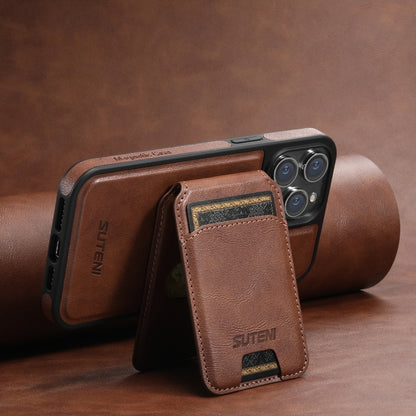 For iPhone 15 Suteni M2 Oil Wax MagSafe Horizontal Card Bag Phone Case(Brown) - iPhone 15 Cases by Suteni | Online Shopping UK | buy2fix