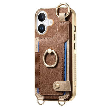 For iPhone 16 Fashion Ring Card Bag Phone Case with Hang Loop(Brown) - iPhone 16 Cases by buy2fix | Online Shopping UK | buy2fix