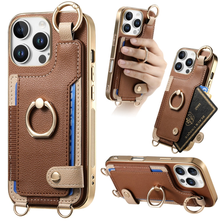 For iPhone 16 Pro Fashion Ring Card Bag Phone Case with Hang Loop(Brown) - iPhone 16 Pro Cases by buy2fix | Online Shopping UK | buy2fix