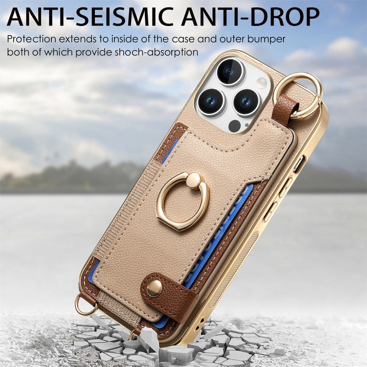 For iPhone 16 Pro Fashion Ring Card Bag Phone Case with Hang Loop(Khaki) - iPhone 16 Pro Cases by buy2fix | Online Shopping UK | buy2fix