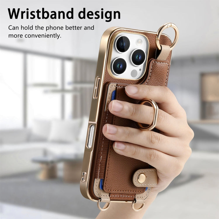 For iPhone 16 Pro Max Fashion Ring Card Bag Phone Case with Hang Loop(Brown) - iPhone 16 Pro Max Cases by buy2fix | Online Shopping UK | buy2fix