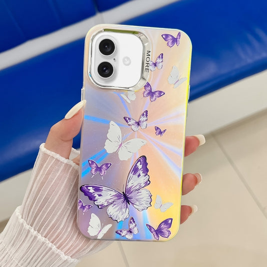 For iPhone 16 Electroplating Laser Butterfly Phone Case(White Purple Butterflies AB6) - iPhone 16 Cases by buy2fix | Online Shopping UK | buy2fix