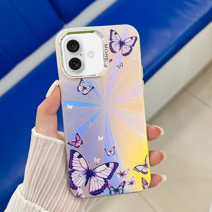 For iPhone 16 Electroplating Laser Butterfly Phone Case(Purple Butterflies AB3) - iPhone 16 Cases by buy2fix | Online Shopping UK | buy2fix