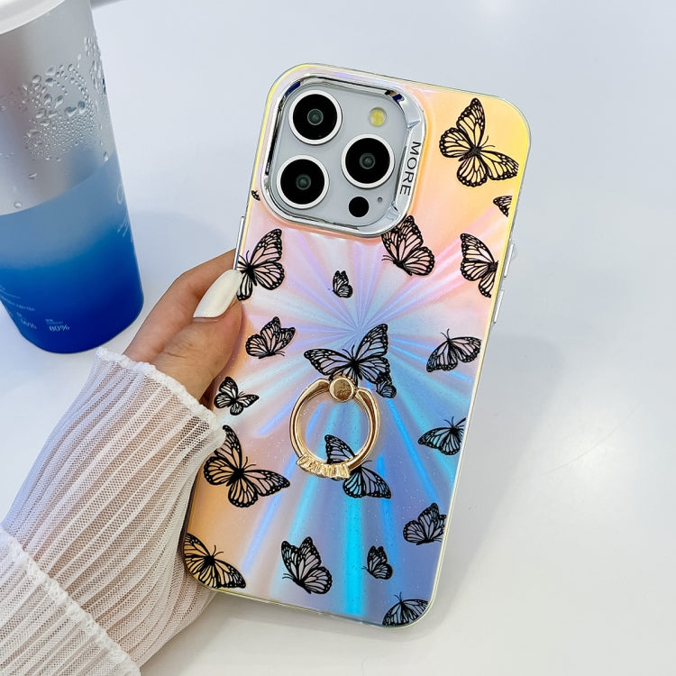 For iPhone 16 Pro Max Electroplating Laser Butterfly Ring Holder Phone Case(Blue Butterflies AB4) - iPhone 16 Pro Max Cases by buy2fix | Online Shopping UK | buy2fix