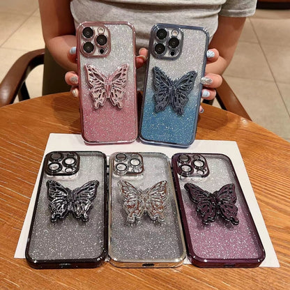 For iPhone 16 Electroplated Gradient Glitter 3D Butterfly TPU Phone Case(Gradient Purple) - iPhone 16 Cases by buy2fix | Online Shopping UK | buy2fix