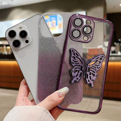 For iPhone 16 Plus Electroplated Gradient Glitter 3D Butterfly TPU Phone Case(Gradient Silver) - iPhone 16 Plus Cases by buy2fix | Online Shopping UK | buy2fix