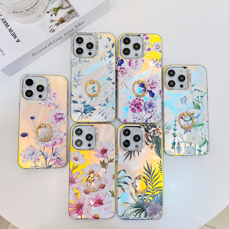 For iPhone 16 Pro Max Electroplating Laser Flower Ring Holder TPU Phone Case(Pear Blossom AH17) - iPhone 16 Pro Max Cases by buy2fix | Online Shopping UK | buy2fix