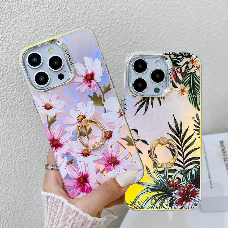 For iPhone 16 Pro Electroplating Laser Flower Ring Holder TPU Phone Case(Flower AH1) - iPhone 16 Pro Cases by buy2fix | Online Shopping UK | buy2fix