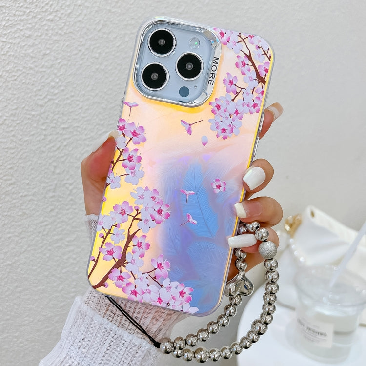 For iPhone 16 Pro Max Electroplating Laser Flower Phone Case with Wrist Strap(Peach Blossom AH4) - iPhone 16 Pro Max Cases by buy2fix | Online Shopping UK | buy2fix