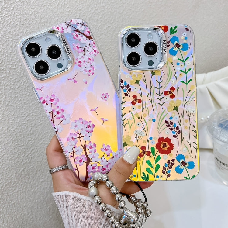 For iPhone 16 Electroplating Laser Flower Phone Case with Wrist Strap(Plum Blossom AH18) - iPhone 16 Cases by buy2fix | Online Shopping UK | buy2fix